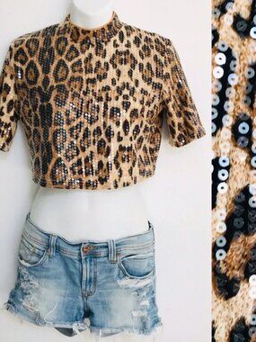 Leopard Print Sequin Crop Top -